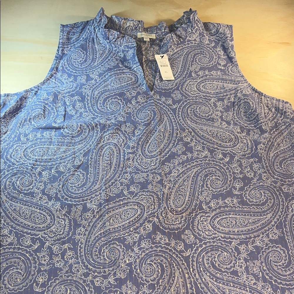 Talbots Paisley Whimsical V-Neck Sleeves Blouse - Light Blue Sz XL